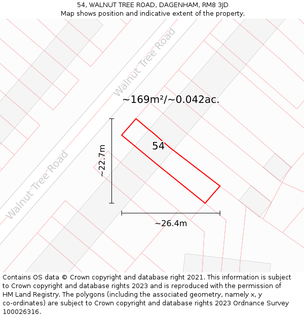 54, WALNUT TREE ROAD, DAGENHAM, RM8 3JD: Plot and title map