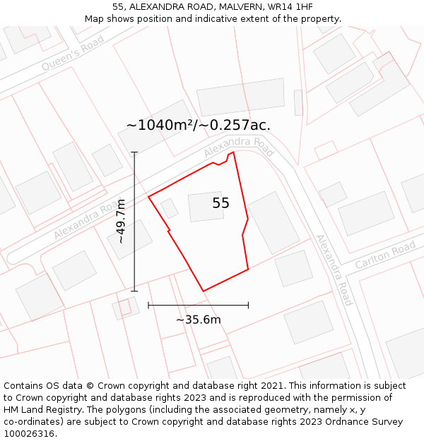55, ALEXANDRA ROAD, MALVERN, WR14 1HF: Plot and title map
