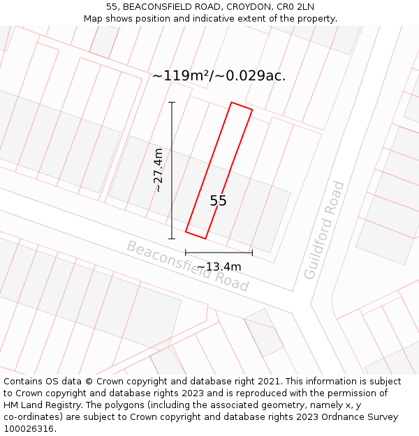 55, BEACONSFIELD ROAD, CROYDON, CR0 2LN: Plot and title map