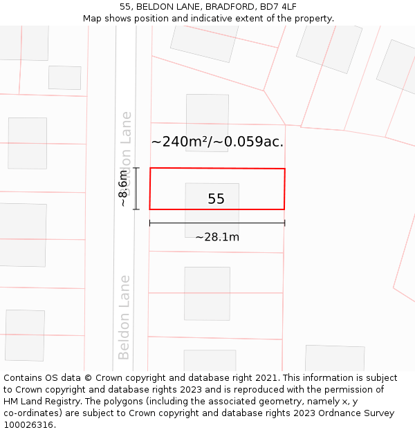 55, BELDON LANE, BRADFORD, BD7 4LF: Plot and title map