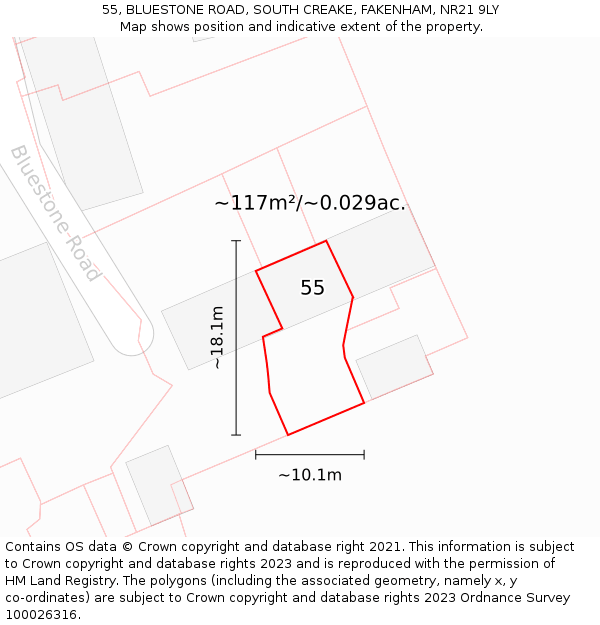 55, BLUESTONE ROAD, SOUTH CREAKE, FAKENHAM, NR21 9LY: Plot and title map