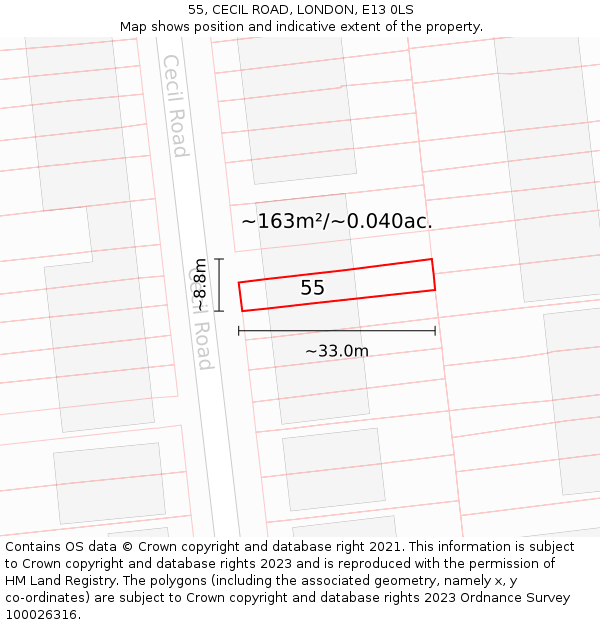 55, CECIL ROAD, LONDON, E13 0LS: Plot and title map