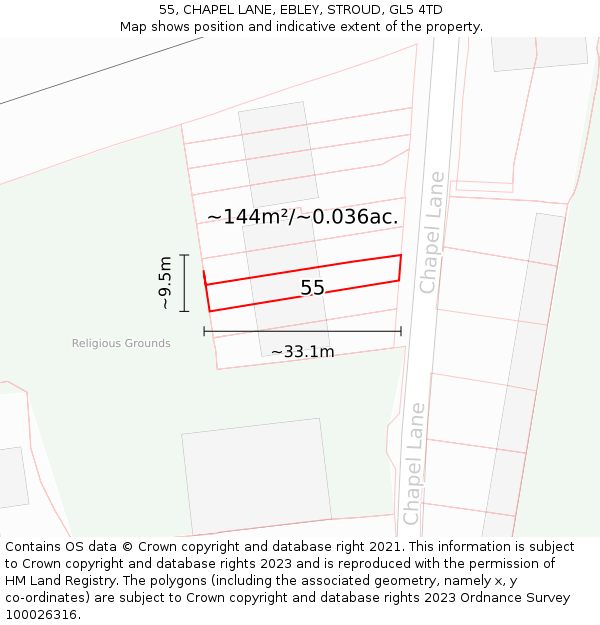 55, CHAPEL LANE, EBLEY, STROUD, GL5 4TD: Plot and title map