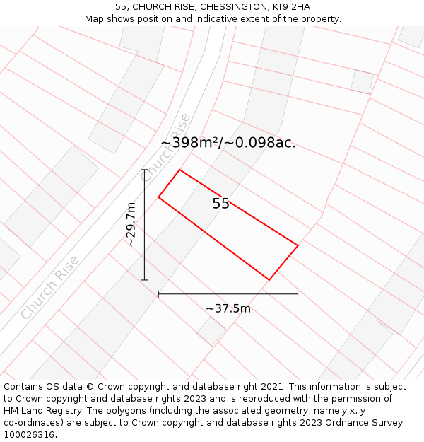 55, CHURCH RISE, CHESSINGTON, KT9 2HA: Plot and title map