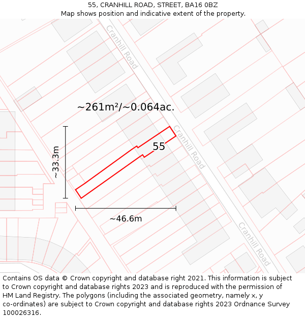 55, CRANHILL ROAD, STREET, BA16 0BZ: Plot and title map