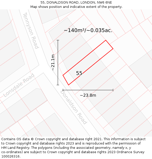 55, DONALDSON ROAD, LONDON, NW6 6NE: Plot and title map