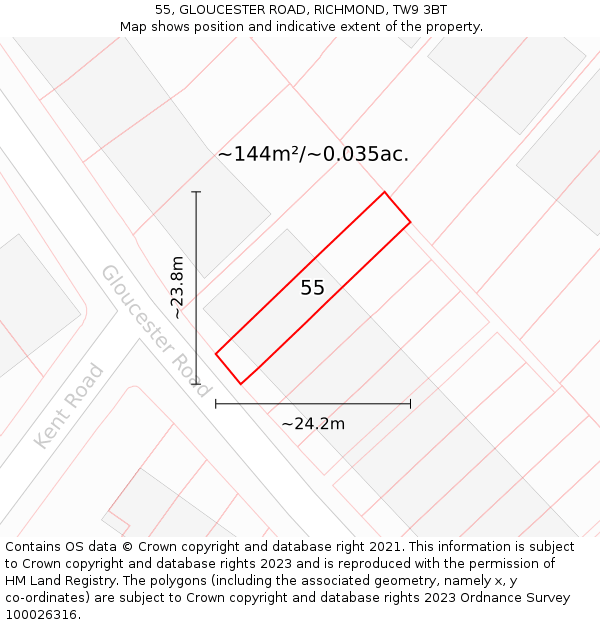 55, GLOUCESTER ROAD, RICHMOND, TW9 3BT: Plot and title map