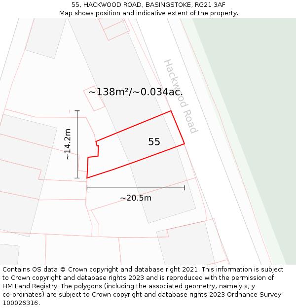 55, HACKWOOD ROAD, BASINGSTOKE, RG21 3AF: Plot and title map