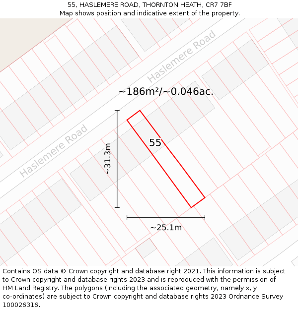 55, HASLEMERE ROAD, THORNTON HEATH, CR7 7BF: Plot and title map