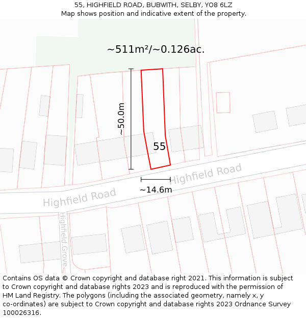 55, HIGHFIELD ROAD, BUBWITH, SELBY, YO8 6LZ: Plot and title map