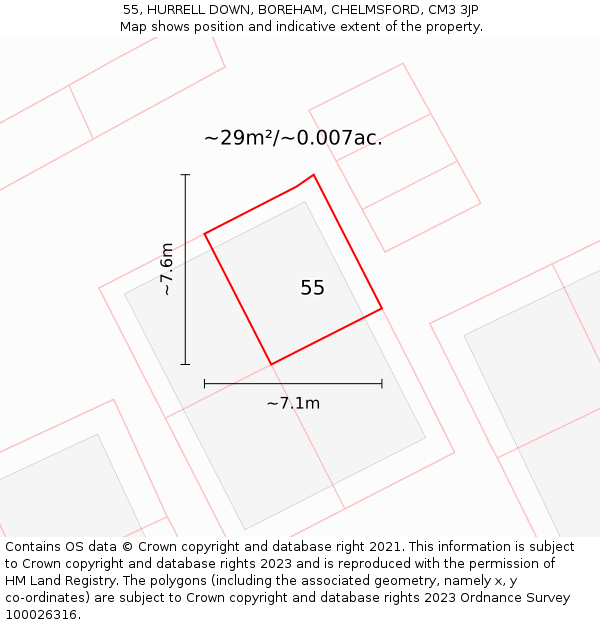 55, HURRELL DOWN, BOREHAM, CHELMSFORD, CM3 3JP: Plot and title map