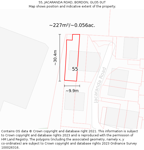55, JACARANDA ROAD, BORDON, GU35 0UT: Plot and title map