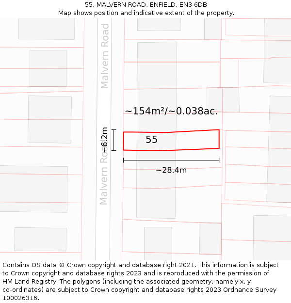 55, MALVERN ROAD, ENFIELD, EN3 6DB: Plot and title map