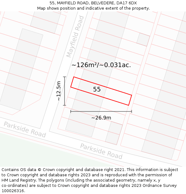 55, MAYFIELD ROAD, BELVEDERE, DA17 6DX: Plot and title map