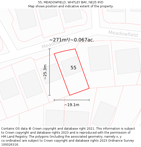 55, MEADOWFIELD, WHITLEY BAY, NE25 9YD: Plot and title map