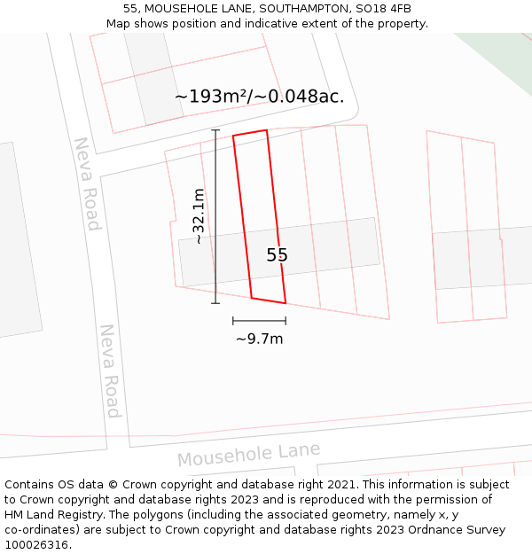 55, MOUSEHOLE LANE, SOUTHAMPTON, SO18 4FB: Plot and title map