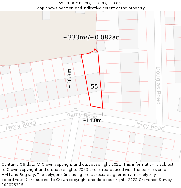 55, PERCY ROAD, ILFORD, IG3 8SF: Plot and title map