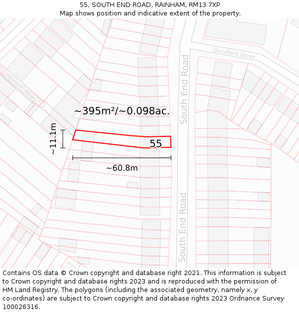 55, SOUTH END ROAD, RAINHAM, RM13 7XP: Plot and title map