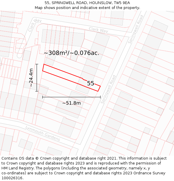 55, SPRINGWELL ROAD, HOUNSLOW, TW5 9EA: Plot and title map