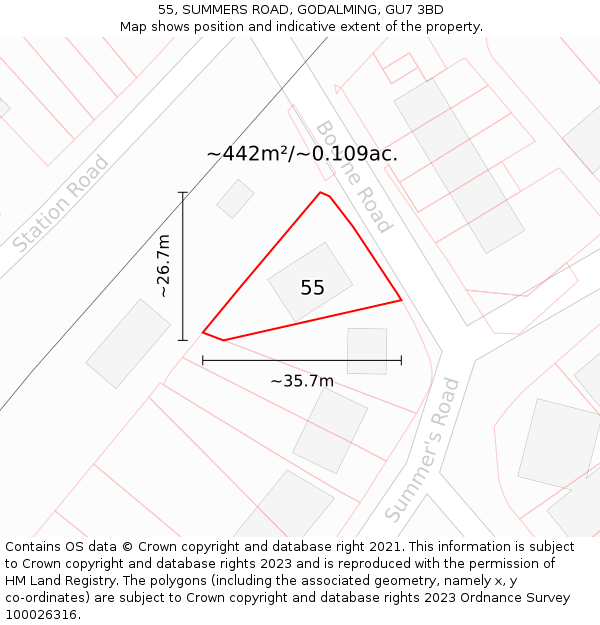 55, SUMMERS ROAD, GODALMING, GU7 3BD: Plot and title map