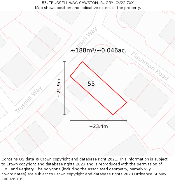 55, TRUSSELL WAY, CAWSTON, RUGBY, CV22 7XX: Plot and title map