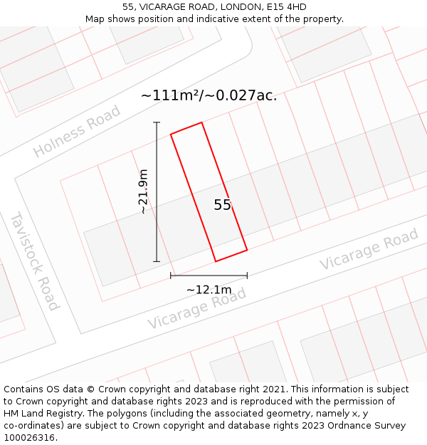55, VICARAGE ROAD, LONDON, E15 4HD: Plot and title map