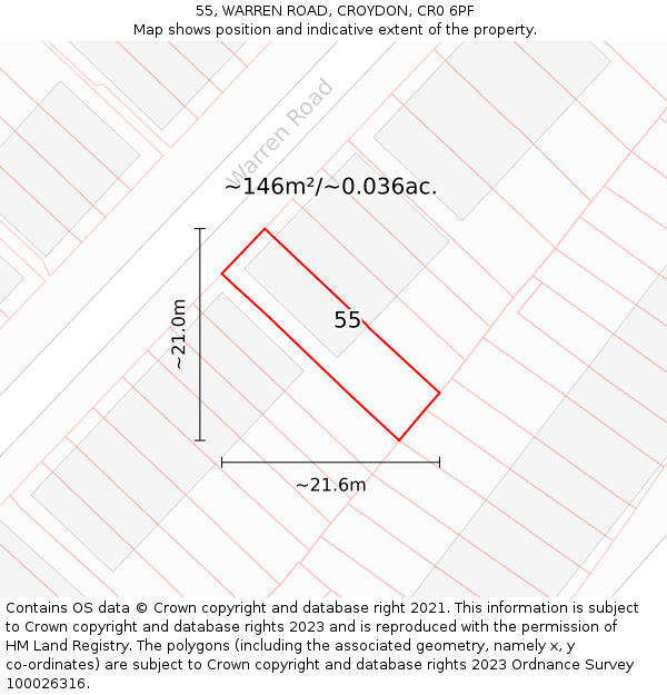 55, WARREN ROAD, CROYDON, CR0 6PF: Plot and title map