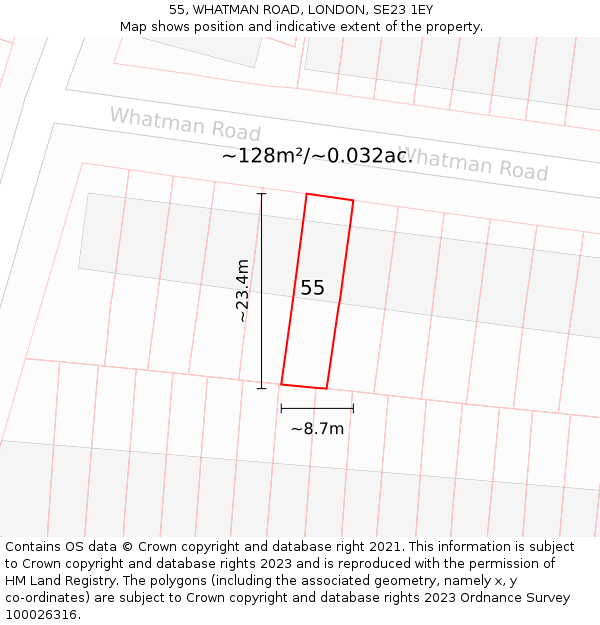 55, WHATMAN ROAD, LONDON, SE23 1EY: Plot and title map