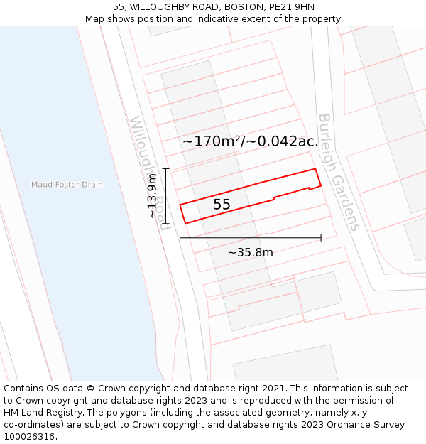 55, WILLOUGHBY ROAD, BOSTON, PE21 9HN: Plot and title map