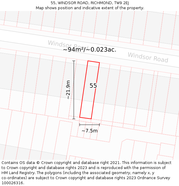 55, WINDSOR ROAD, RICHMOND, TW9 2EJ: Plot and title map