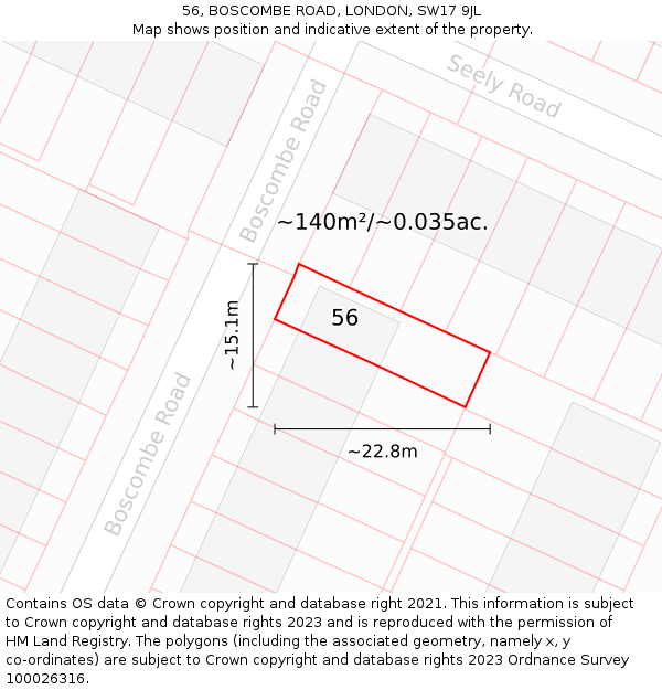 56, BOSCOMBE ROAD, LONDON, SW17 9JL: Plot and title map