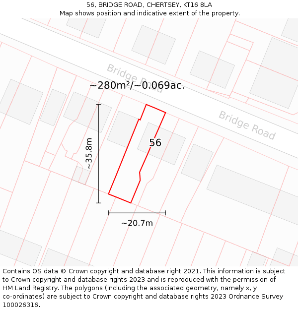 56, BRIDGE ROAD, CHERTSEY, KT16 8LA: Plot and title map