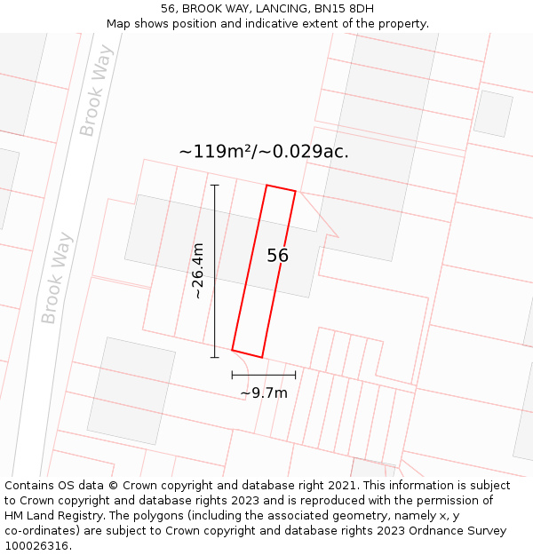 56, BROOK WAY, LANCING, BN15 8DH: Plot and title map