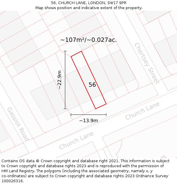 56, CHURCH LANE, LONDON, SW17 9PR: Plot and title map