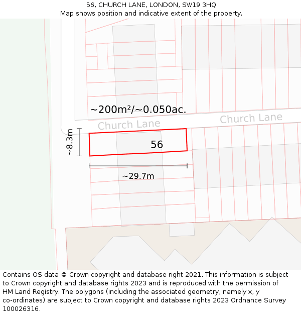 56, CHURCH LANE, LONDON, SW19 3HQ: Plot and title map