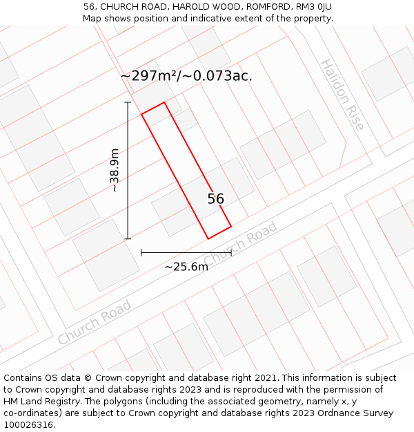 56, CHURCH ROAD, HAROLD WOOD, ROMFORD, RM3 0JU: Plot and title map
