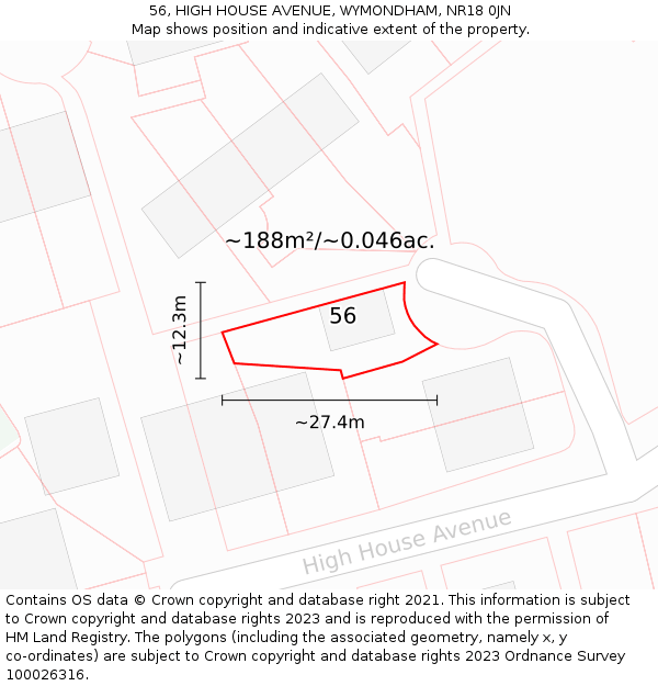 56, HIGH HOUSE AVENUE, WYMONDHAM, NR18 0JN: Plot and title map
