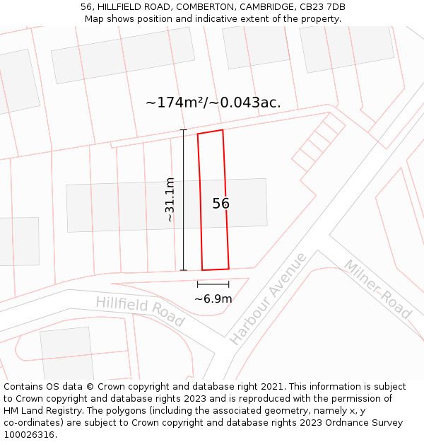 56, HILLFIELD ROAD, COMBERTON, CAMBRIDGE, CB23 7DB: Plot and title map