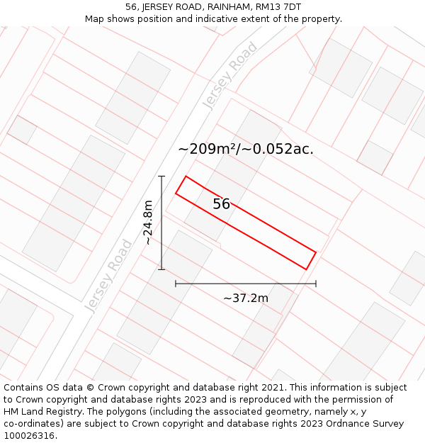 56, JERSEY ROAD, RAINHAM, RM13 7DT: Plot and title map