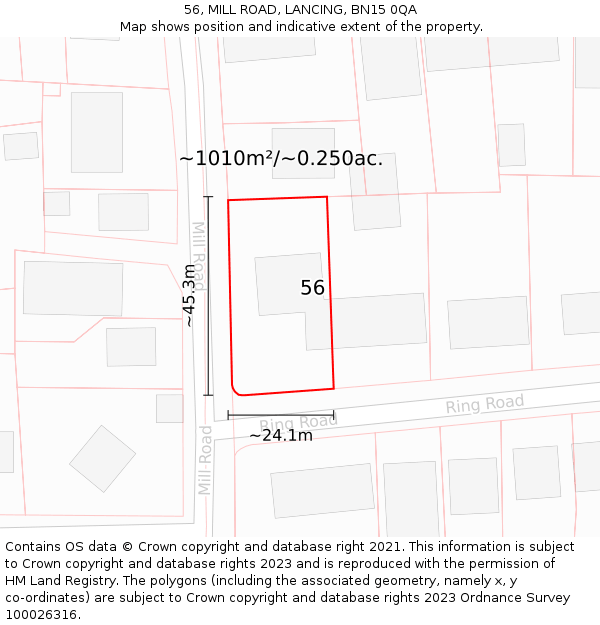 56, MILL ROAD, LANCING, BN15 0QA: Plot and title map