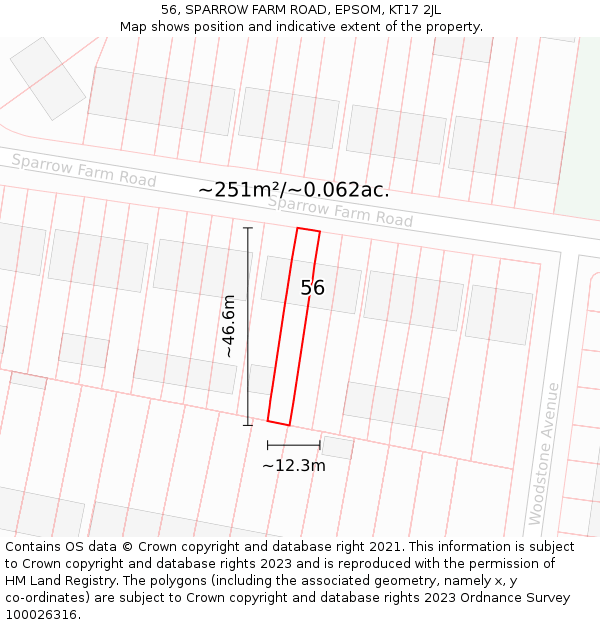56, SPARROW FARM ROAD, EPSOM, KT17 2JL: Plot and title map
