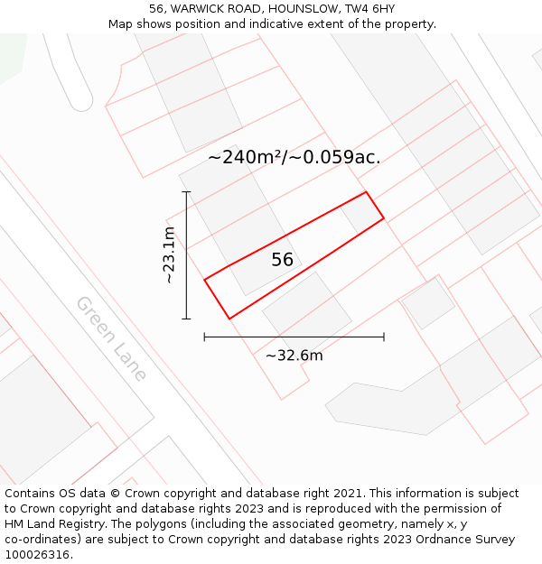 56, WARWICK ROAD, HOUNSLOW, TW4 6HY: Plot and title map