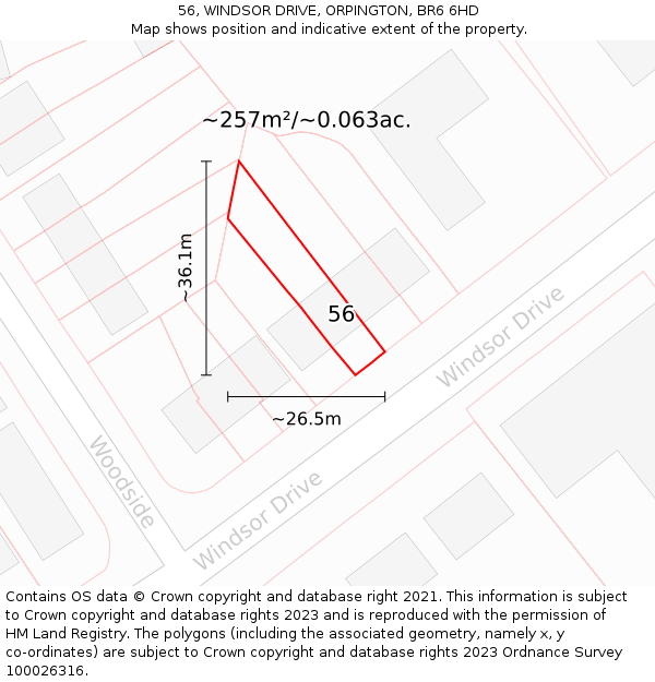 56, WINDSOR DRIVE, ORPINGTON, BR6 6HD: Plot and title map