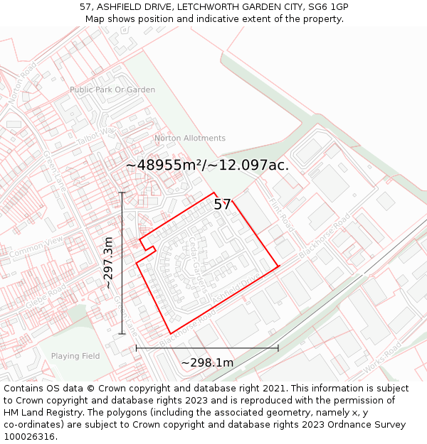 57, ASHFIELD DRIVE, LETCHWORTH GARDEN CITY, SG6 1GP: Plot and title map