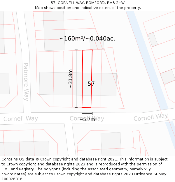 57, CORNELL WAY, ROMFORD, RM5 2HW: Plot and title map