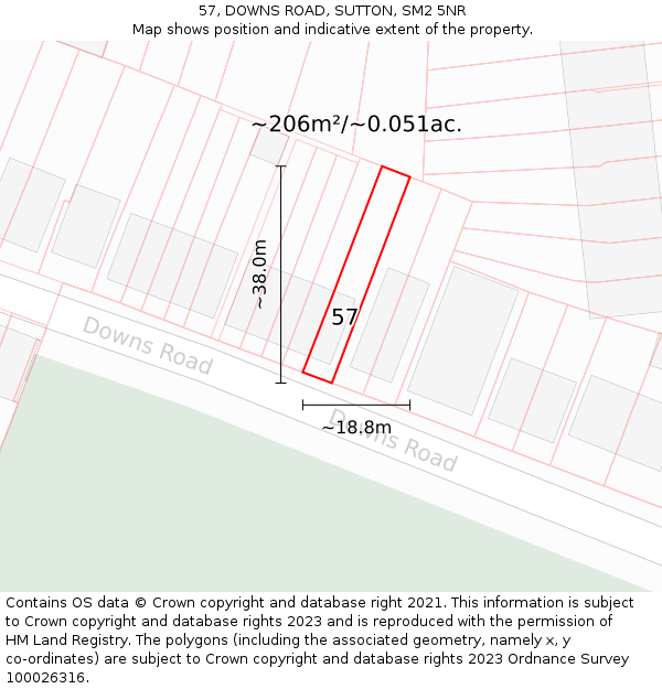 57, DOWNS ROAD, SUTTON, SM2 5NR: Plot and title map