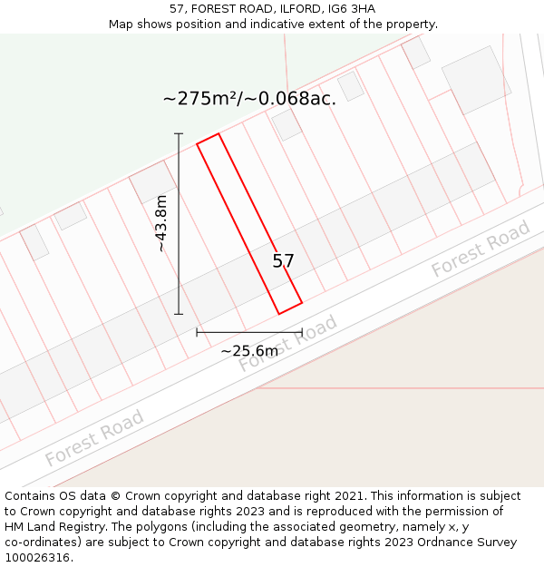 57, FOREST ROAD, ILFORD, IG6 3HA: Plot and title map