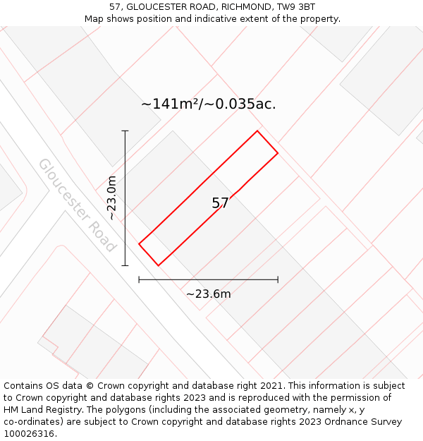 57, GLOUCESTER ROAD, RICHMOND, TW9 3BT: Plot and title map