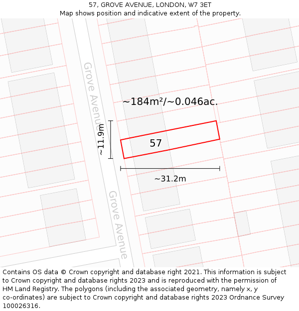 57, GROVE AVENUE, LONDON, W7 3ET: Plot and title map