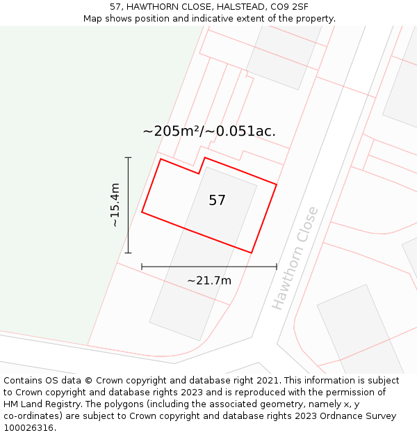 57, HAWTHORN CLOSE, HALSTEAD, CO9 2SF: Plot and title map